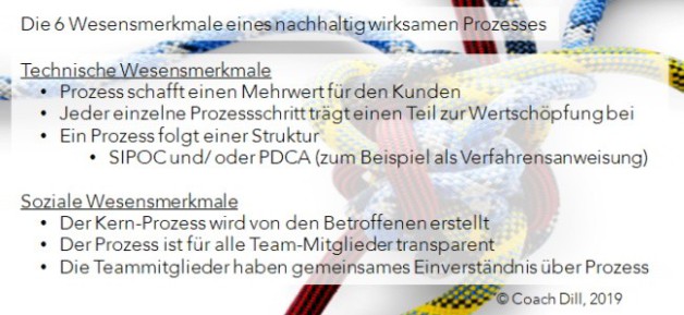 Die 6 Wesensmerkmale eines nachhaltig wirksamen Prozesses 1. Technische Wesensmerkmale • Prozess schafft einen Mehrwert für den Kunden • Jeder einzelne Prozessschritt trägt einen Teil zur Wertschöpfung bei • Ein Prozess folgt einer Struktur o SIPOC oder PDCA (zum Beispiel als Verfahrensanweisung) 2. Soziale Wesensmerkmale • Der Kern-Prozess wird von den Betroffenen erstellt • Der Prozess ist für alle Team-Mitglieder transparent • Die Teammitglieder haben gemeinsames Einverständnis über Prozess